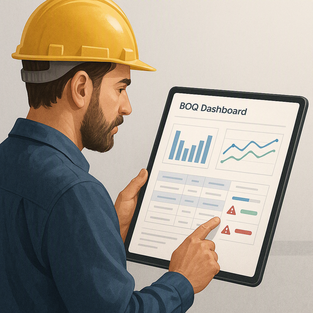 A realistic illustration of a contractor reviewing a digital BOQ dashboard on a tablet, with graphs and variance alerts...