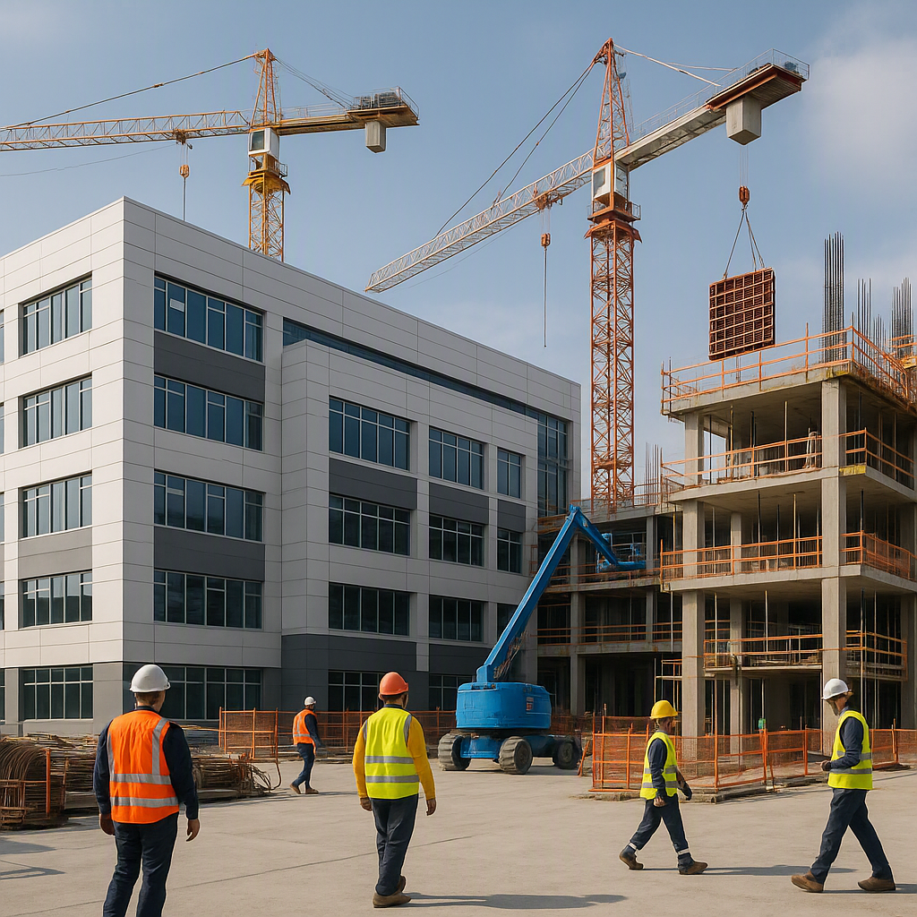 A modern hospital construction site with cranes and workers in safety gear, showcasing structured project workflows and...