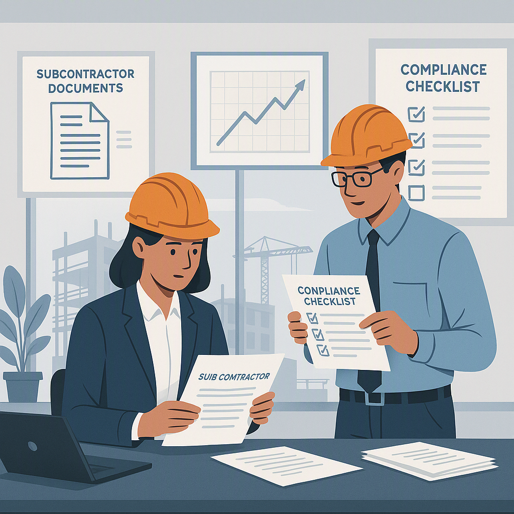 A detailed illustration of a construction site office with engineers reviewing subcontractor documents, progress charts,...
