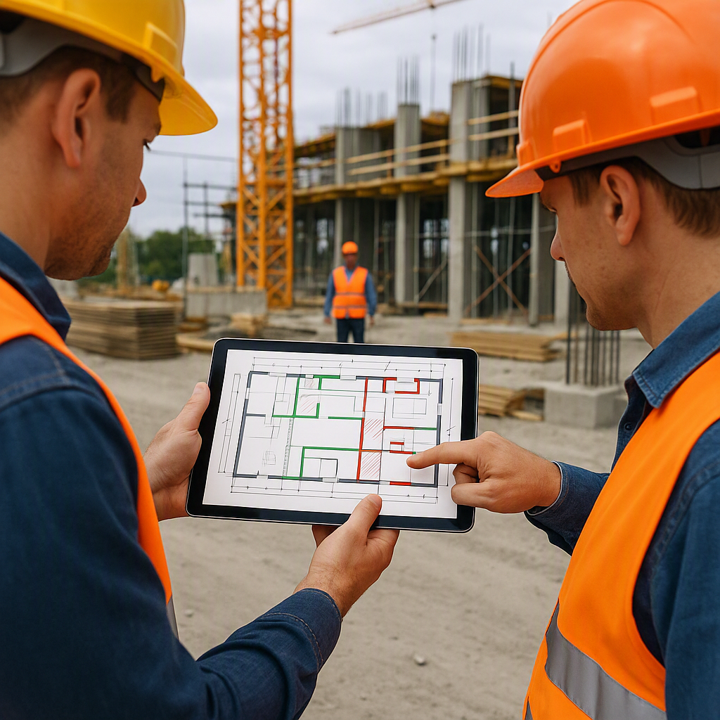 A construction site with workers using tablets to compare digital drawings, overlayed with AI-generated change highlight...