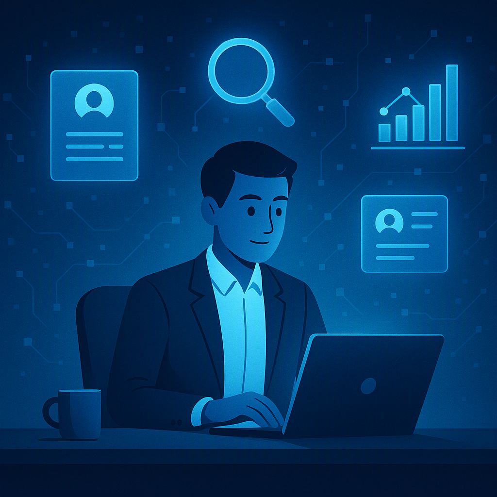 Illustration of a recruiter at a desk, surrounded by floating icons representing AI tools like resumes, magnifying glass...