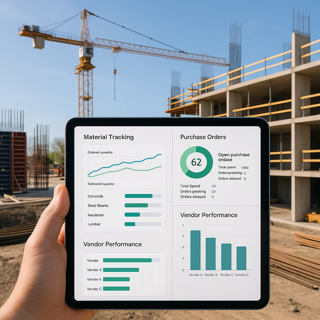 A construction project site with digital procurement dashboards on a tablet, showcasing real-time material tracking and...
