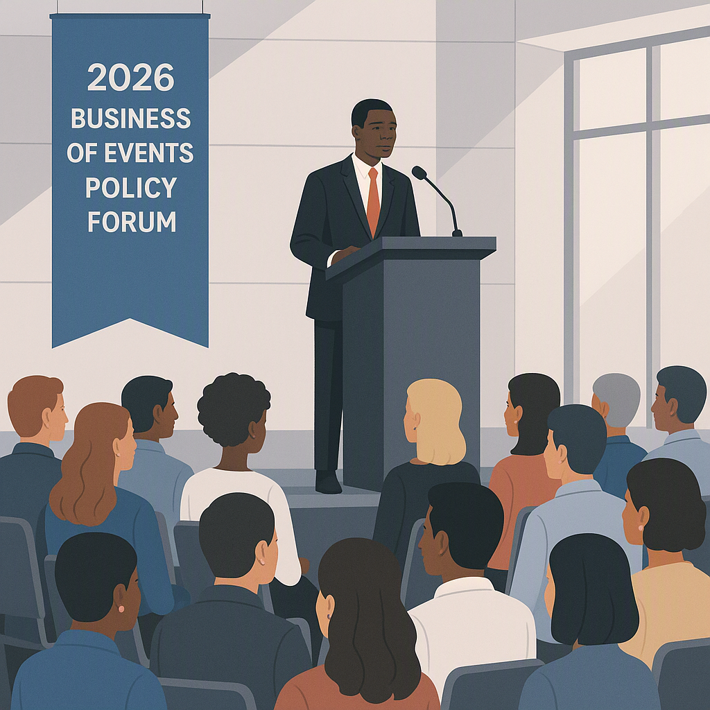 A professional illustration showing a community event in progress, with a speaker at a podium and a diverse audience in...