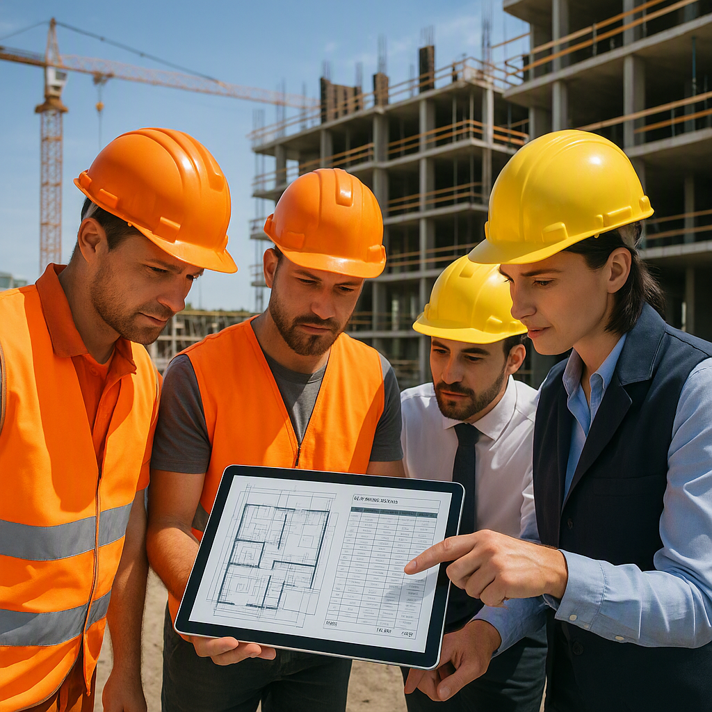 A construction site with workers and engineers examining a detailed blueprint and cost estimation sheet on a digital tab...