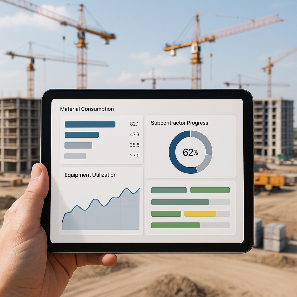 A construction site dashboard on a tablet, showing real-time project data like material consumption, subcontractor progr...
