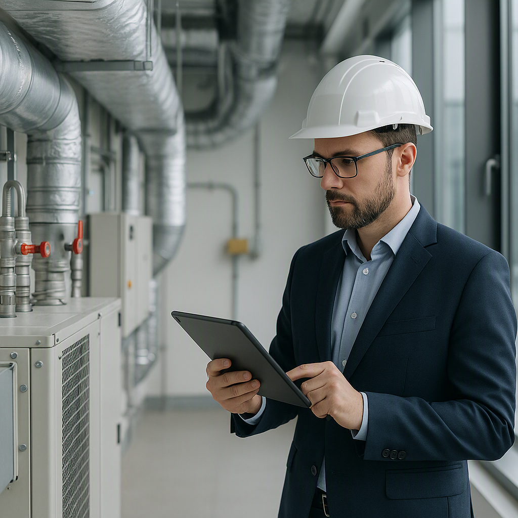 A professional image of a facility manager checking HVAC systems and equipment with a digital tablet, in a modern commer...
