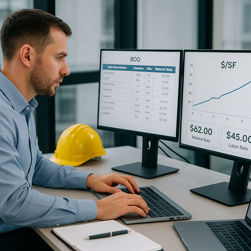 A construction estimator working on a sleek AI-powered platform with a BOQ on one screen and a real-time $/SF calculatio...
