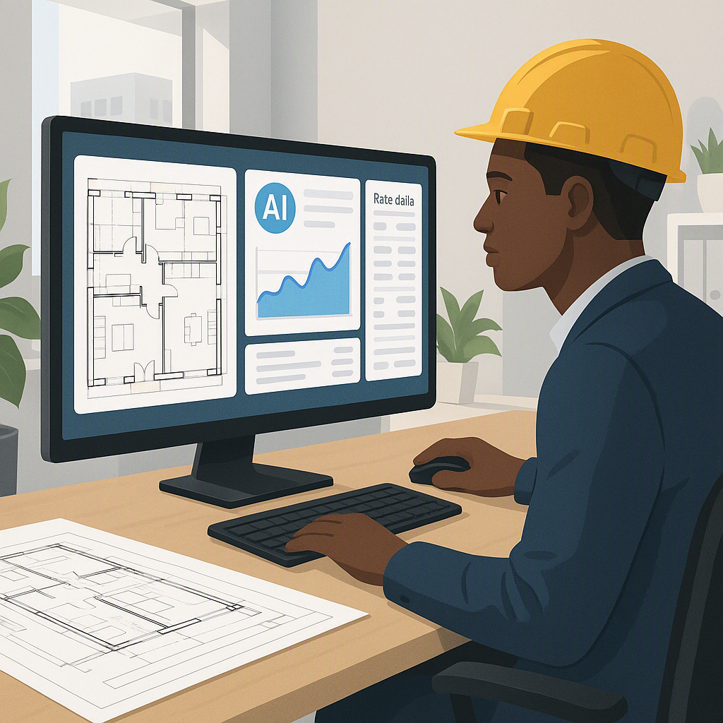 An AI-powered construction estimator analyzing PDF drawings and rate data on a sleek digital dashboard. Modern workspace...
