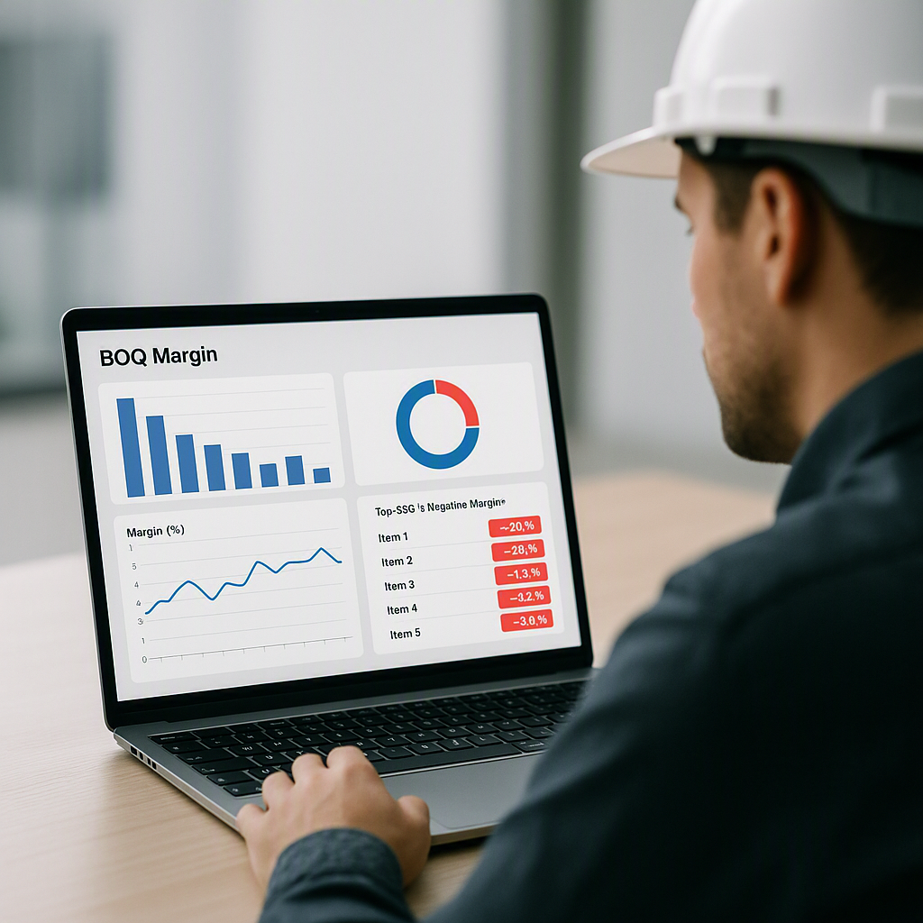 A contractor reviewing a dashboard showing BOQ Margin analysis on a laptop, with charts and negative-margin alerts highl...