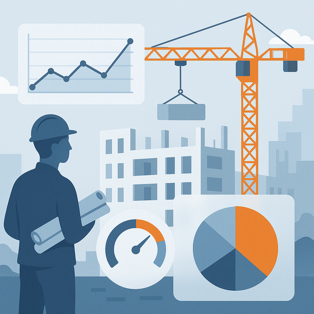 An illustration of a construction site with data visualizations overlaid, showing error rates and cost breakdowns.
