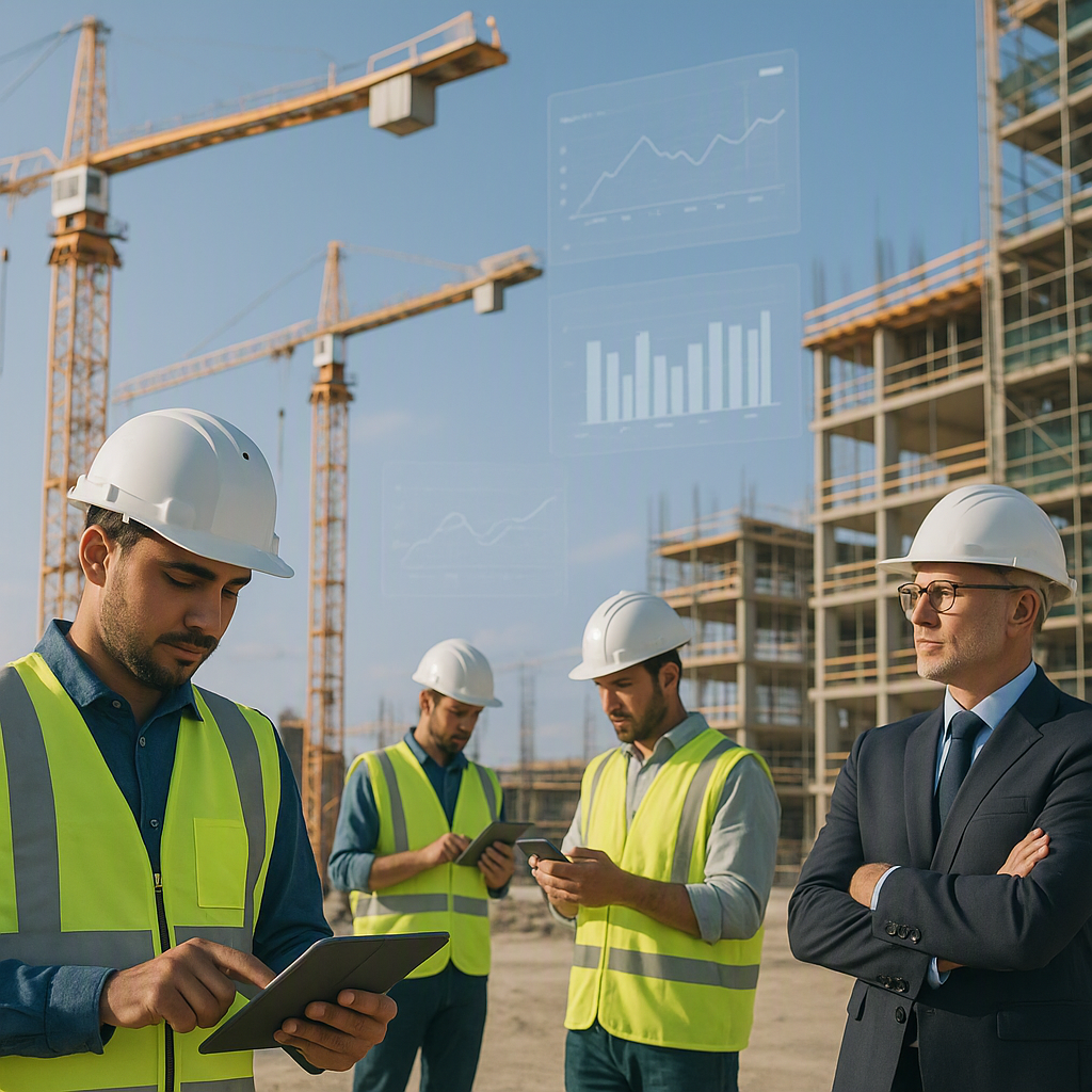 A modern construction site with a focus on technology: workers using tablets and smartphones, digital displays showing d...