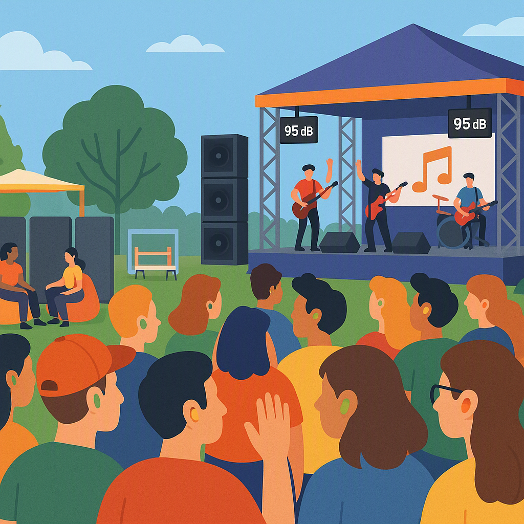 A vibrant outdoor music festival scene with a focus on safety: a crowd wearing colorful earplugs, a quiet zone with seat...