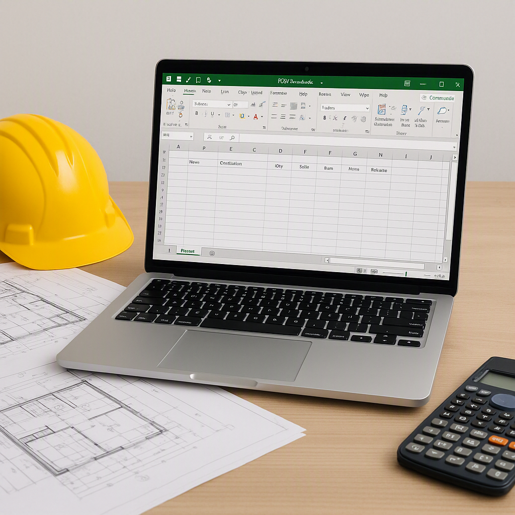 A clear image of a contractor’s desk with a laptop open to an Excel sheet titled 'BOQFormat.xlsx', alongside printed blu...