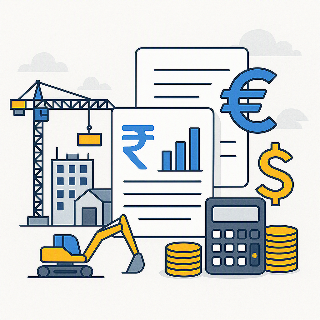 An illustration of a construction site with financial documents, currency symbols (₹, $, €), and a calculator prominentl...