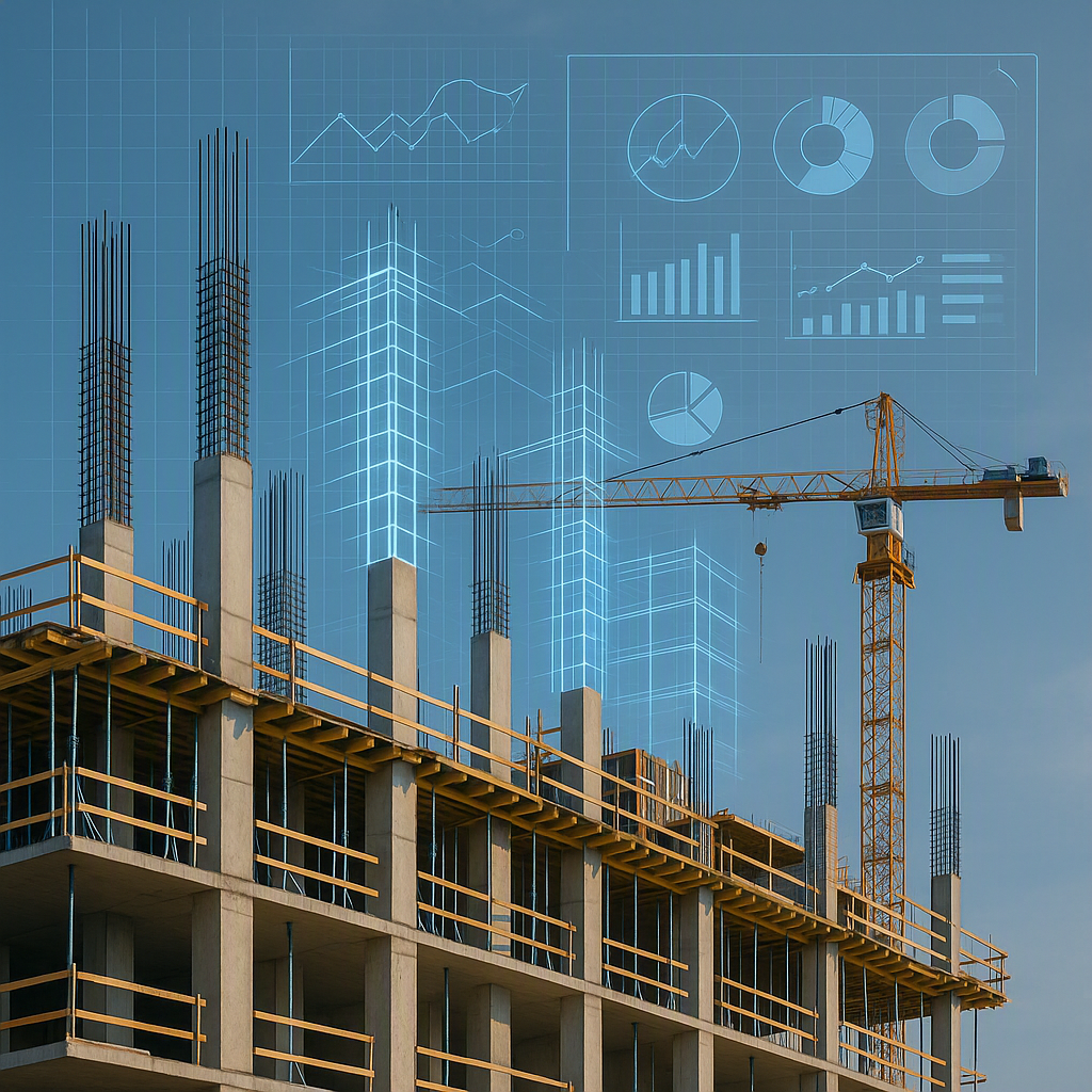 A high-rise construction site with visible steel columns at different stages of completion, overlaid with a digital blue...