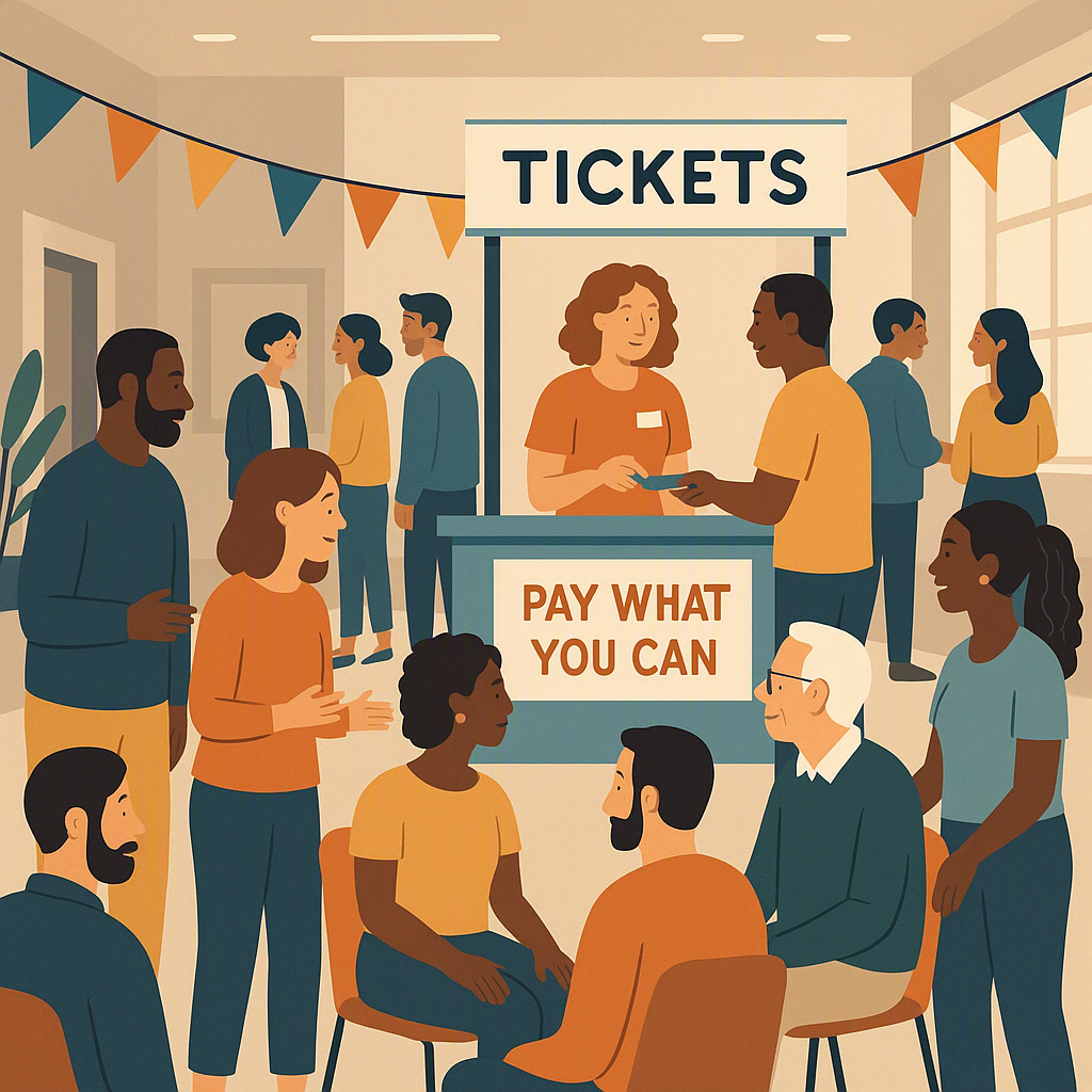 A vibrant community center hosting an event with diverse attendees, featuring a ticketing booth with a 'Pay What You Can...