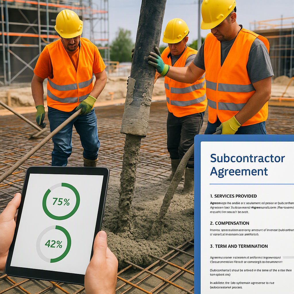 A construction site with workers pouring concrete, progress trackers on tablets, and an overlay of a subcontractor templ...
