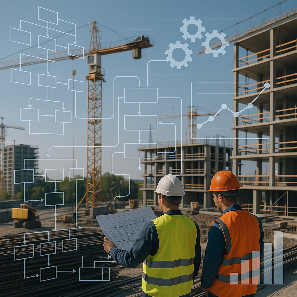 A modern construction site with multiple layers of digital interfaces overlaying equipment, workers, and plans, showing...