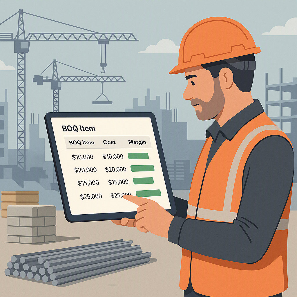 A detailed illustration of a contractor reviewing a digital BOQ Margin Report on a construction site, with cranes and bu...