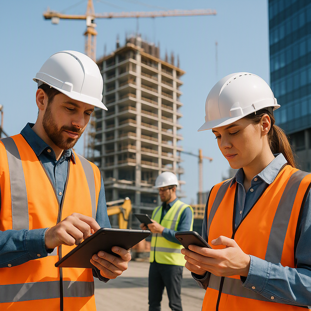 A high-tech construction site with workers using tablets and mobile apps for real-time data entry; modern equipment and...