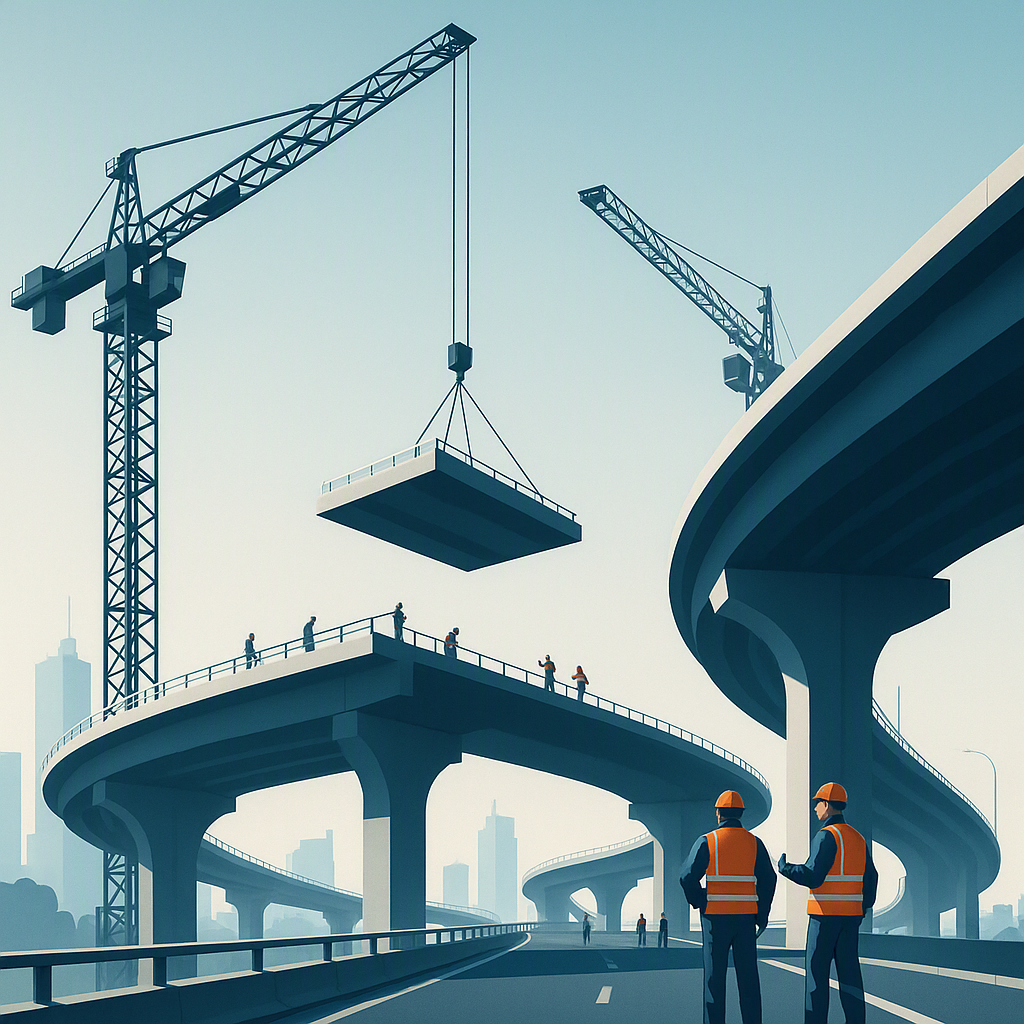 A futuristic highway bridge under construction with cranes and workers, symbolizing critical infrastructure and public-p...