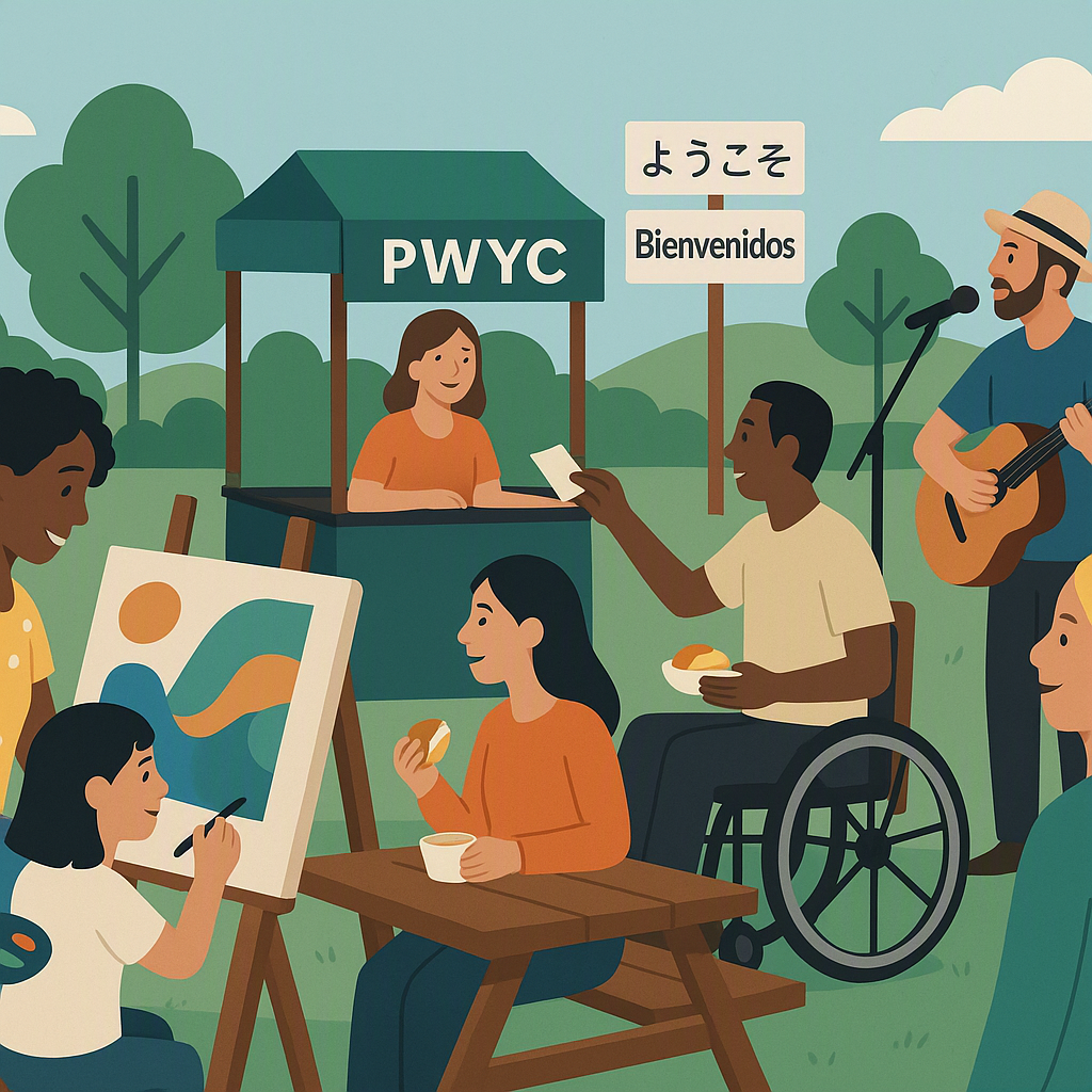 A diverse group of people enjoying a community event with varied activities (art, food, music), featuring inclusive elem...