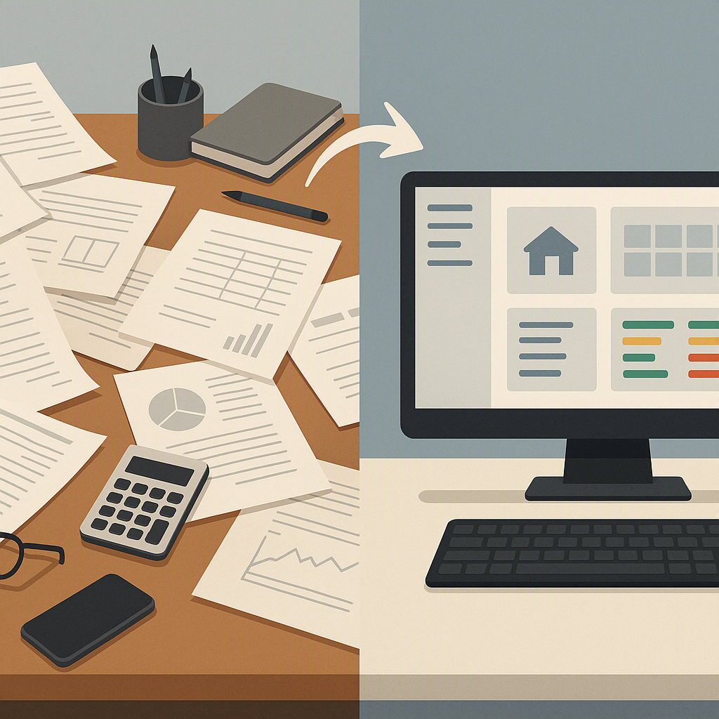 A detailed illustration of a contractor's office workflow showing a chaotic desk with scattered papers transitioning int...