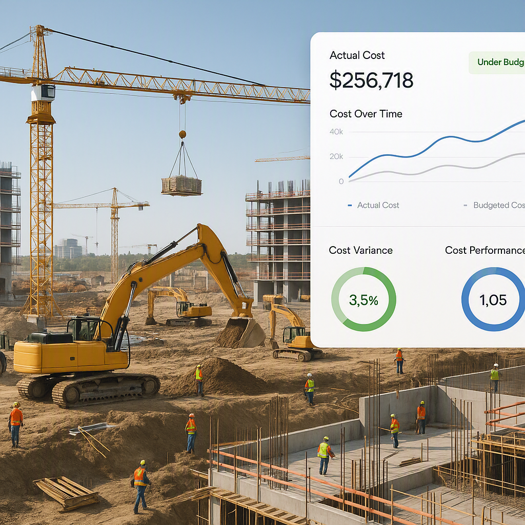 A detailed construction site with multiple overlapping projects, showing workers, machinery, and a digital dashboard ove...