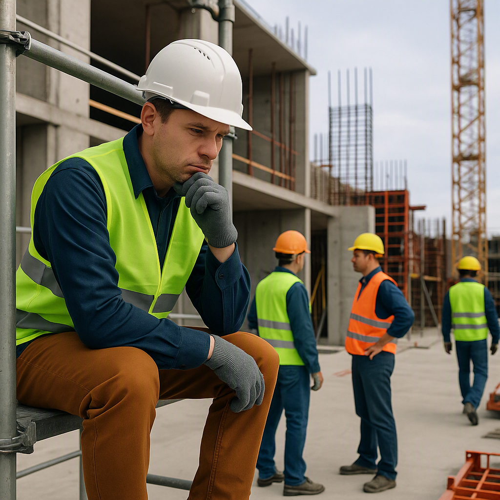A construction jobsite with workers in safety gear, one worker sitting on the edge of a scaffold looking thoughtful, sym...
