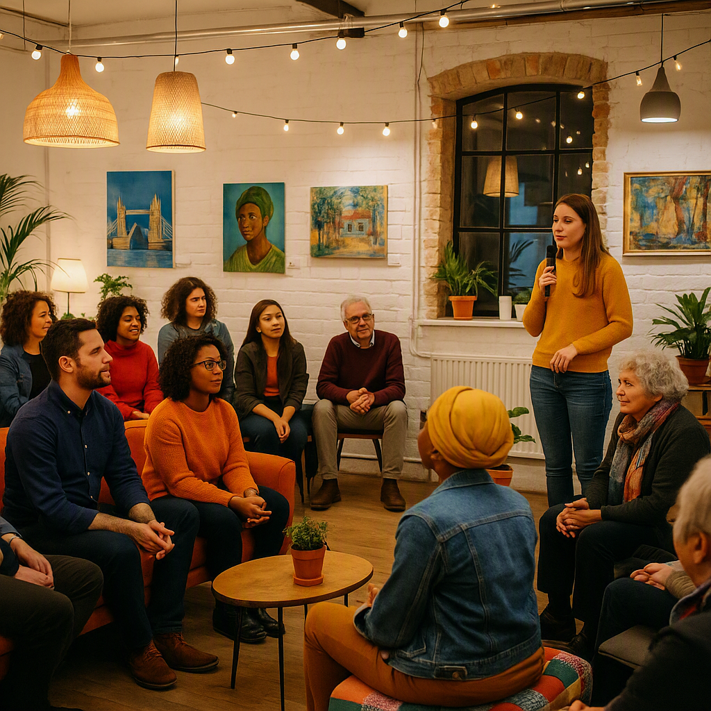 A cozy and vibrant community event in a unique London venue, featuring diverse attendees, warm lighting, and a creative...