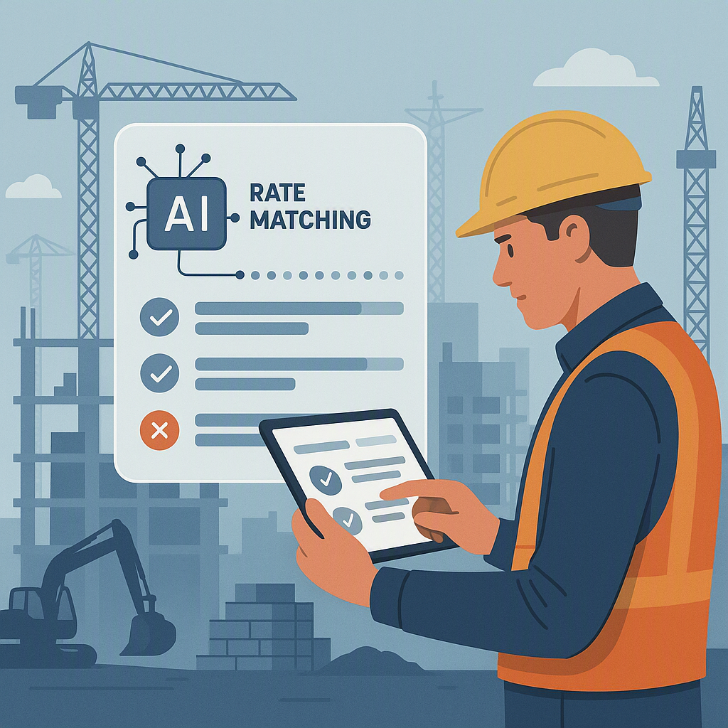 A detailed illustration of an AI interface on a construction site, showing rate matching in progress, with a contractor...