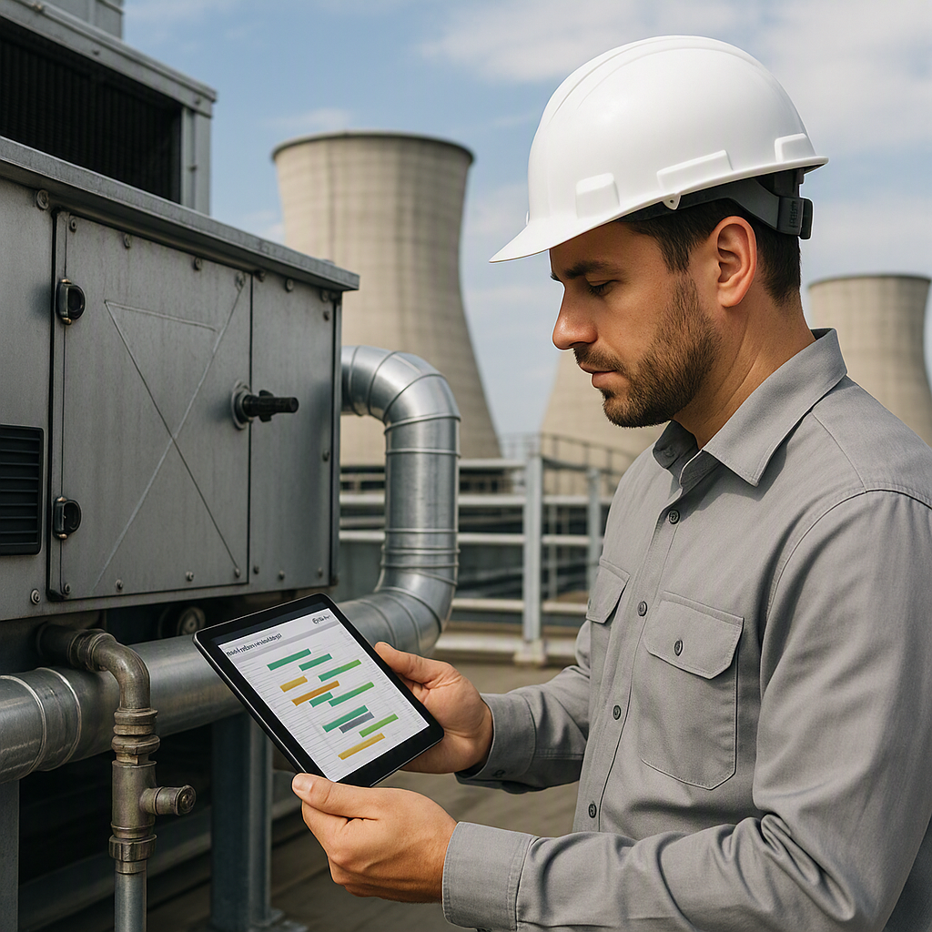 A realistic rendering of a facilities manager inspecting an HVAC system with a tablet showing maintenance schedules. Ind...