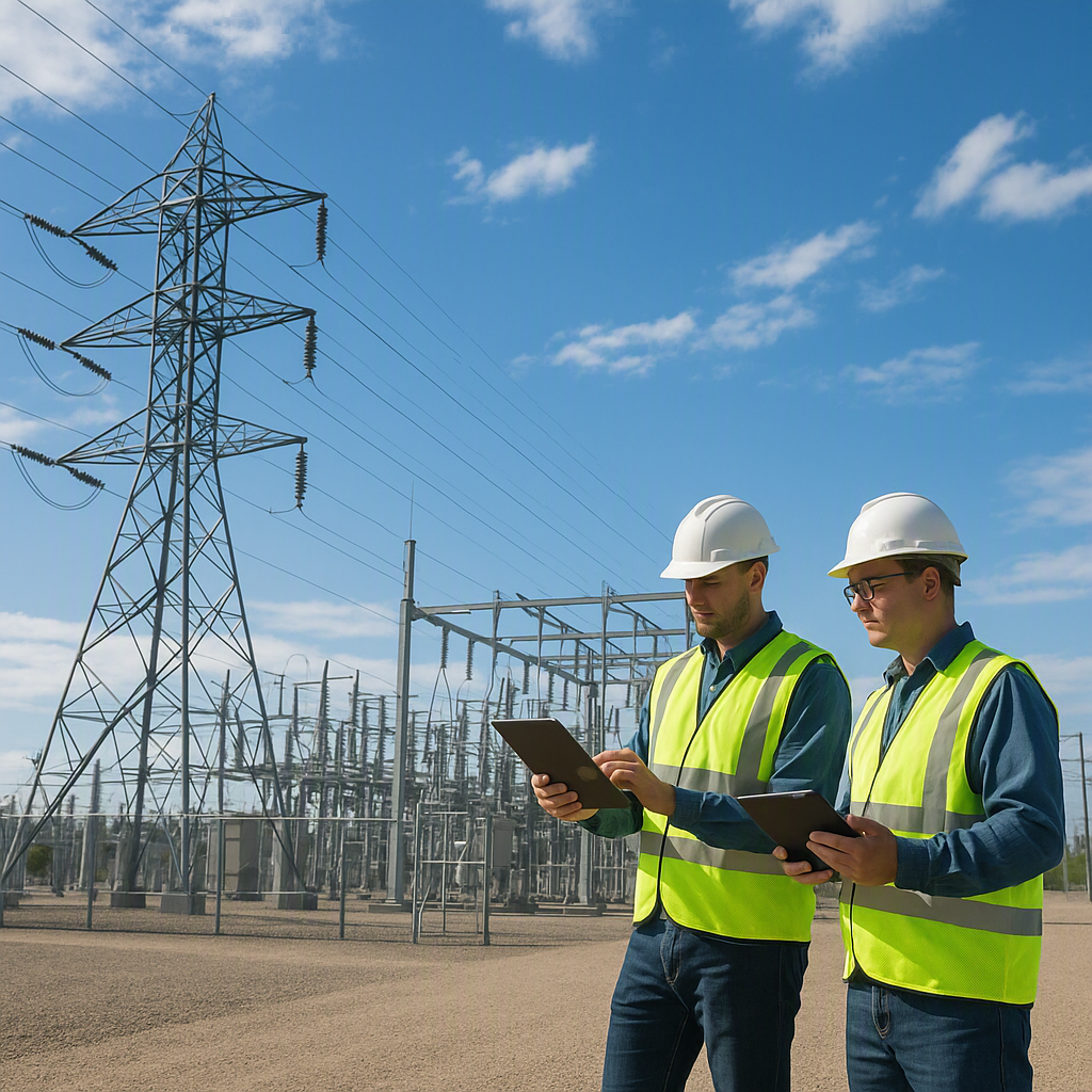 A modern power infrastructure project in the US, featuring power lines, substations, and workers using tablets for real-...