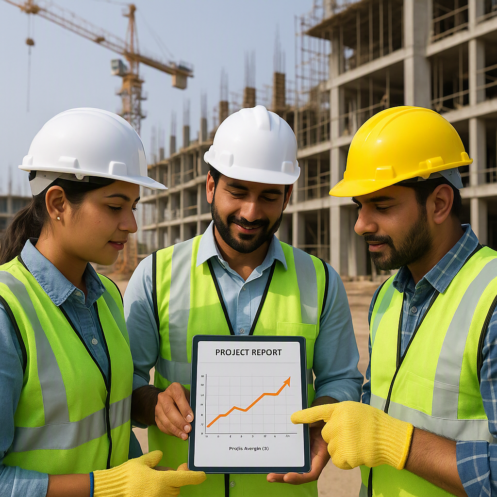 An Indian construction site with workers inspecting a detailed project report on a tablet, showing a graph of profit mar...