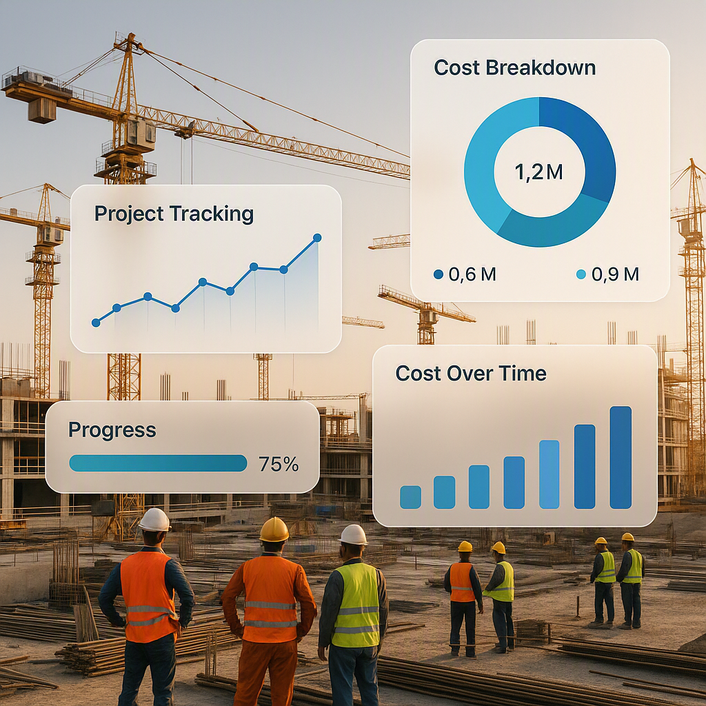 A construction site with multiple cranes and workers, overlaid with a digital dashboard showing project and cost trackin...