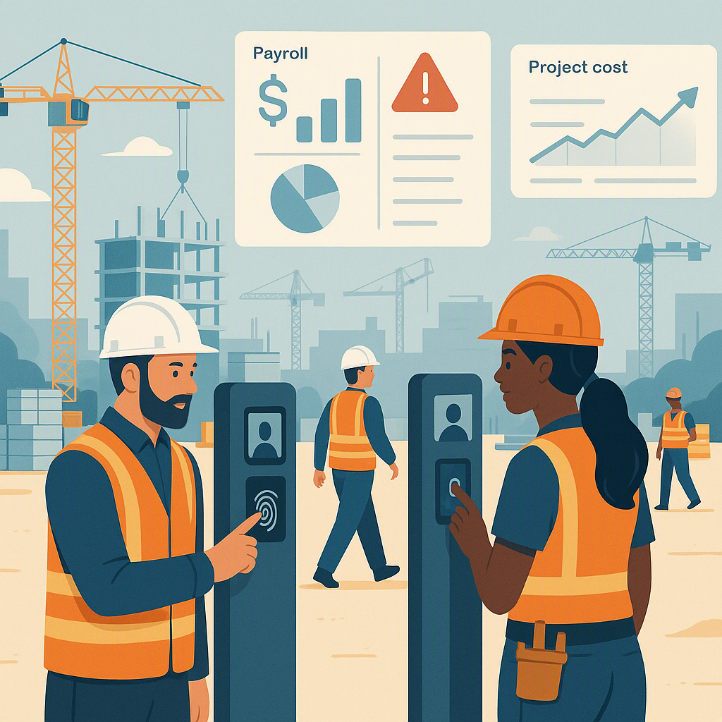 A detailed illustration of a construction site with workers clocking in via biometric scanners, overlaid with digital da...