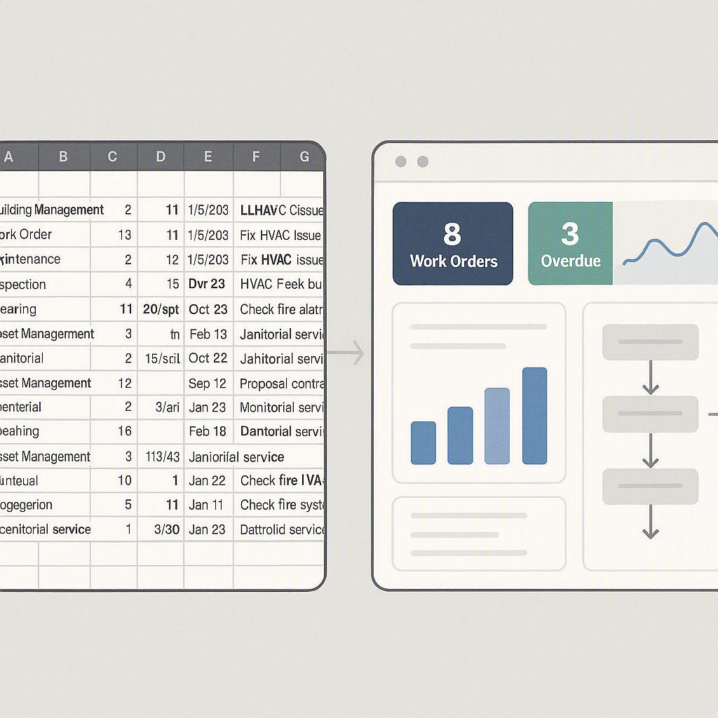 A comparison of free and paid facilities management software tools, showing a cluttered spreadsheet vs. a clean, unified...