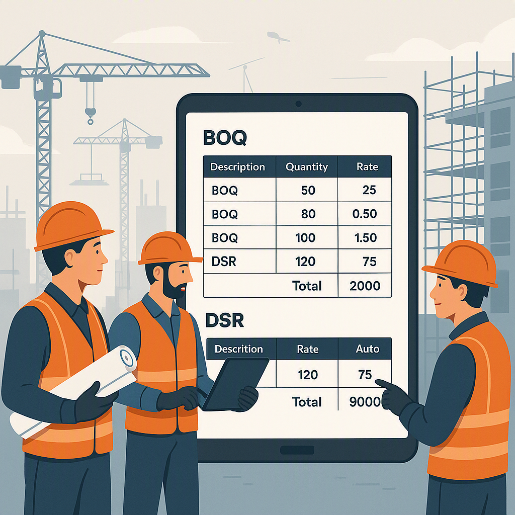 A detailed illustration of construction workers at a site with a digital tablet showing BOQ and DSR calculations, alongs...