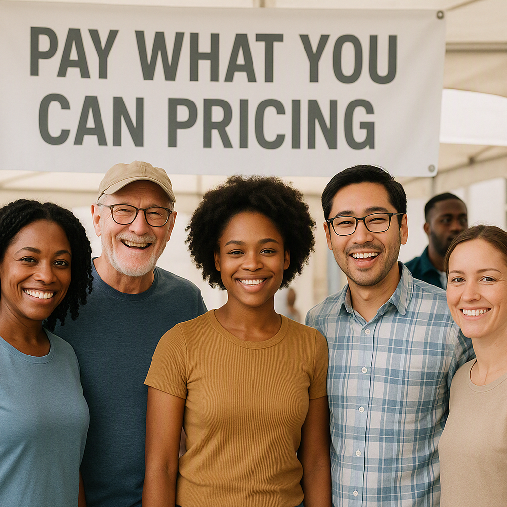 A diverse group of community members at a local event, with a banner displaying 'Pay What You Can Pricing' in bold lette...