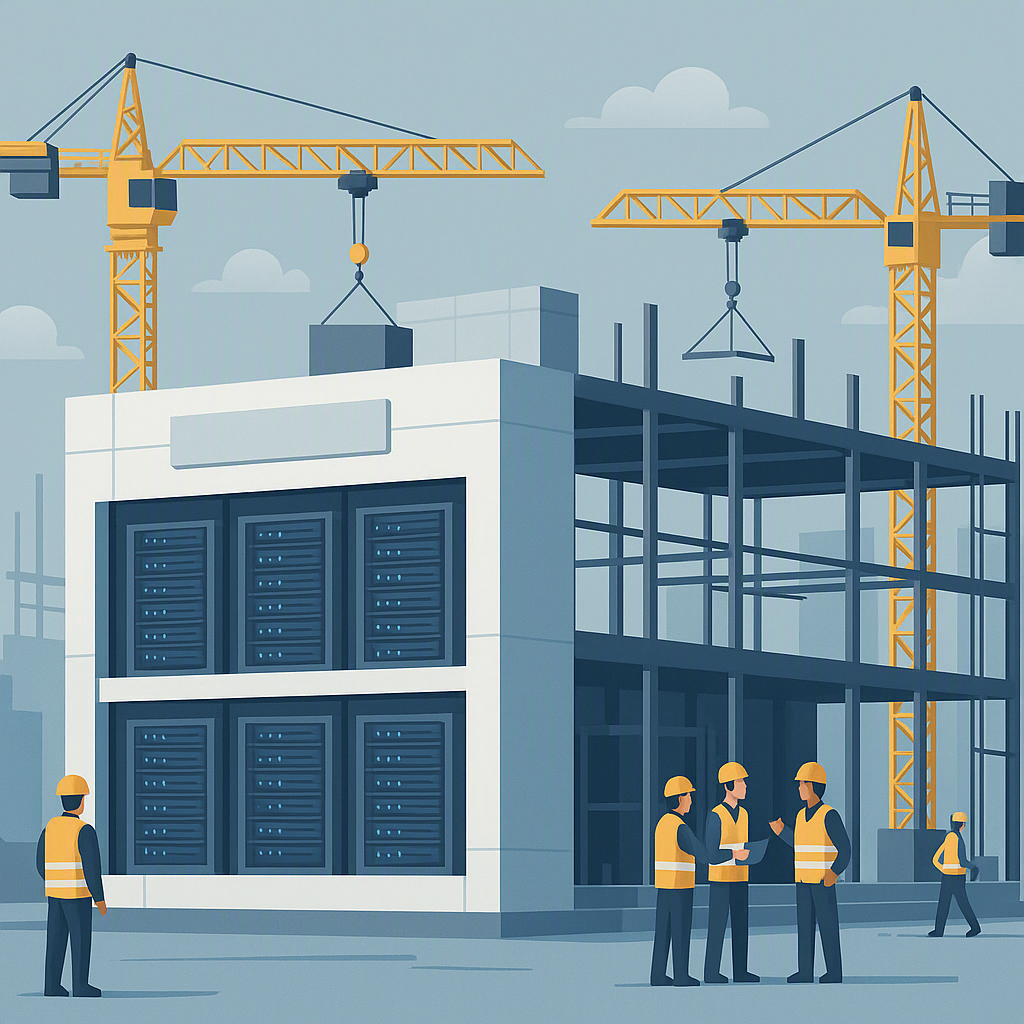 A modern data center under construction, with cranes and workers on-site, highlighting a balance of technology and const...