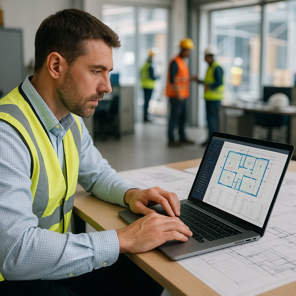 A construction estimator using AI-powered software on a laptop, with blueprints and digital measurements on the screen,...