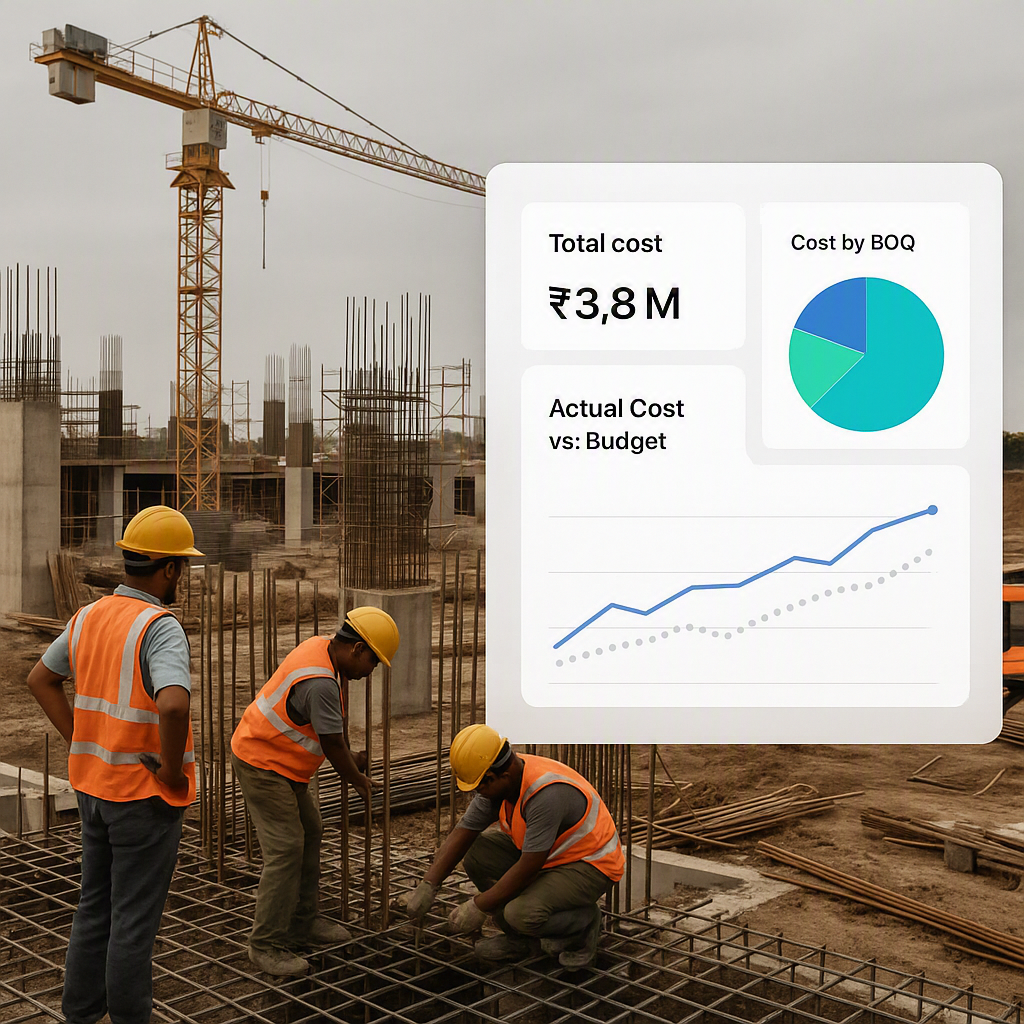 An Indian construction site with workers and equipment, overlaid with a digital dashboard showing real-time cost trackin...