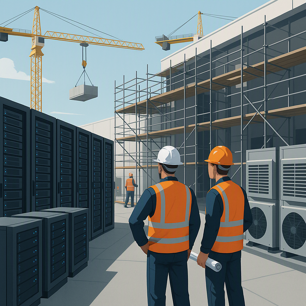 A modern data center under construction, showing cranes, scaffolding, and workers in safety gear surrounded by servers a...