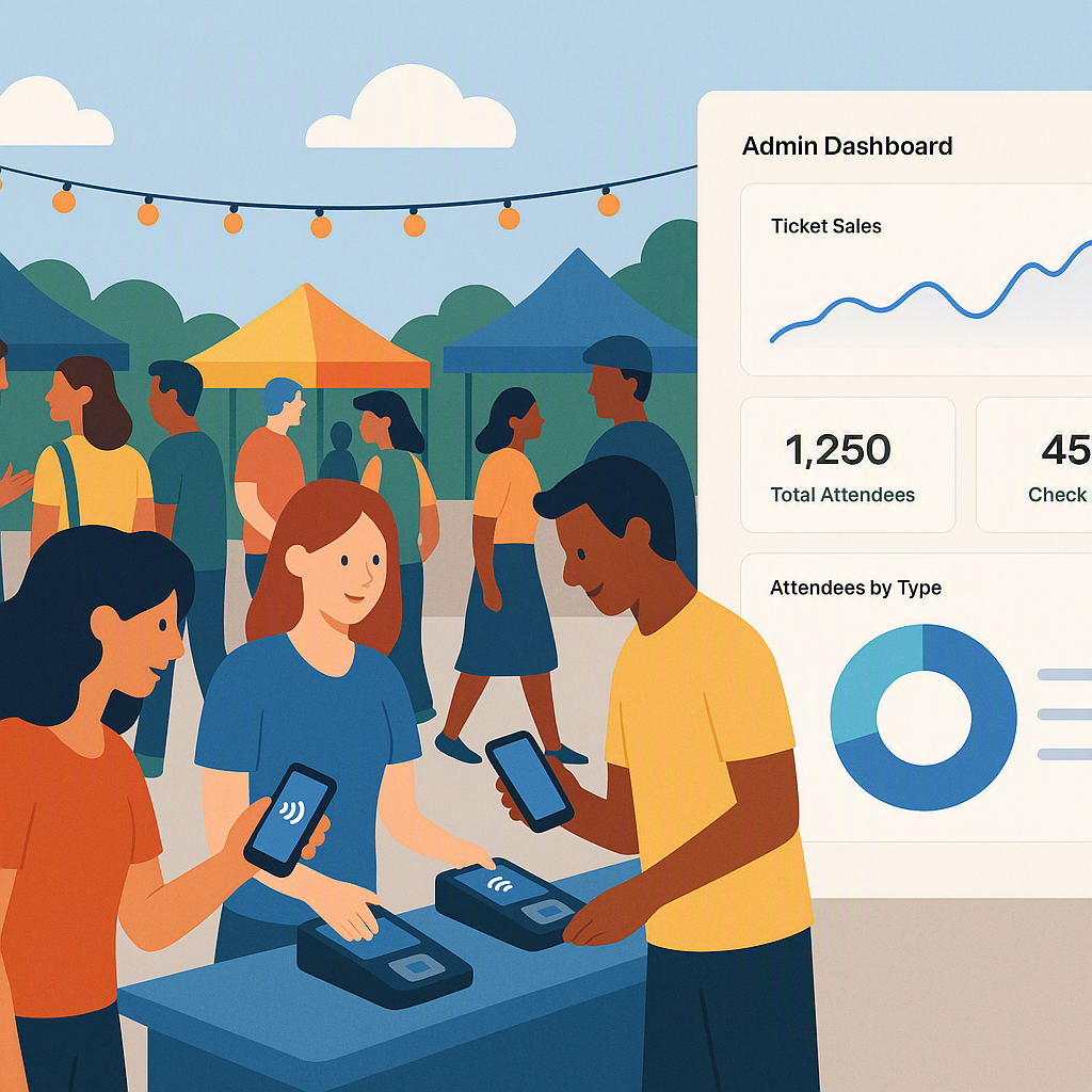 A vibrant community event scene with NFC-enabled devices being used at check-in stations, paired with a sleek admin dash...
