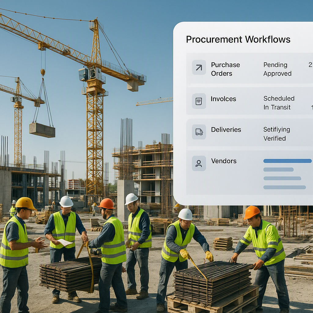 A construction site with multiple projects in progress, workers coordinating materials, and a digital dashboard overlay...
