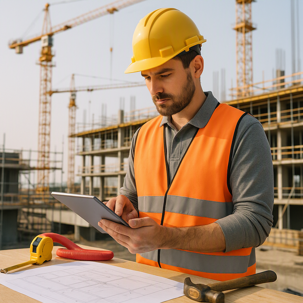 A construction site with a worker using a tablet to input data, surrounded by tools and materials. The background includ...