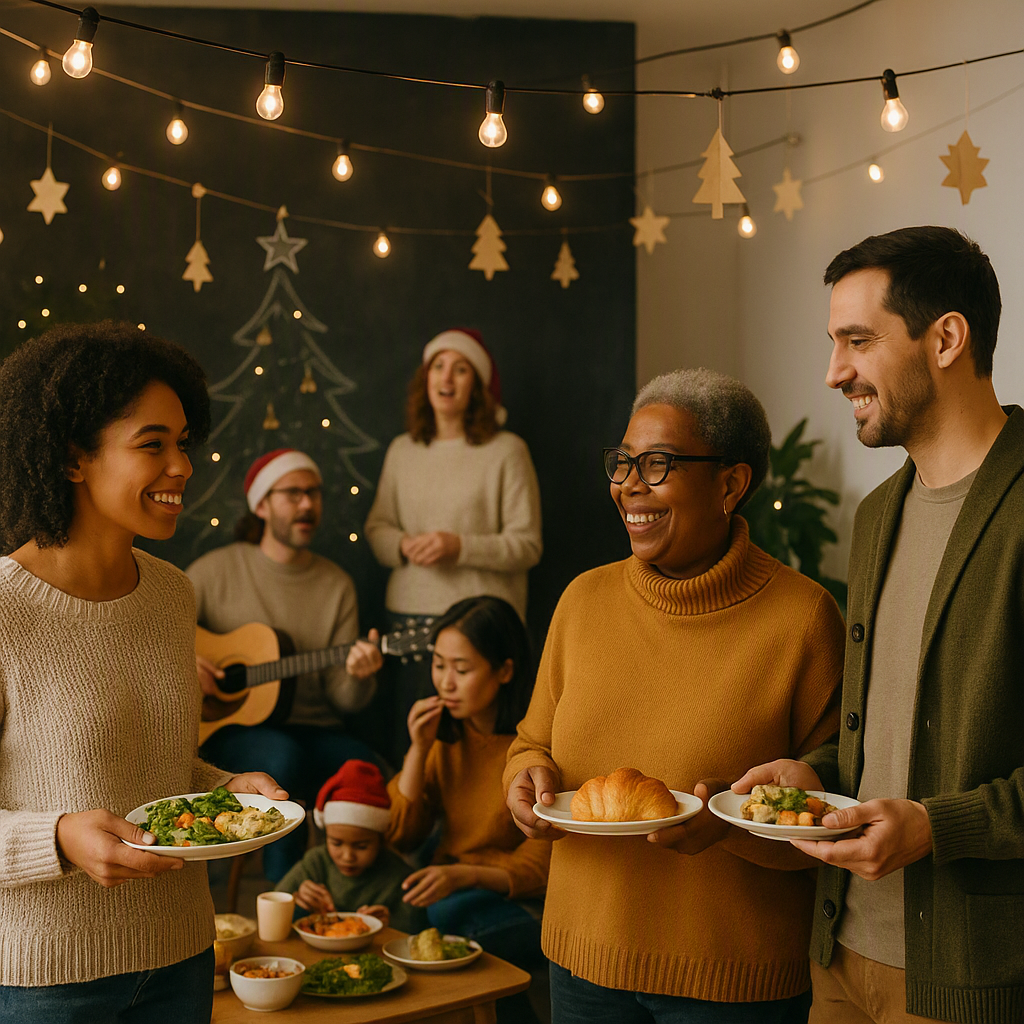 A cozy community Christmas event with diverse attendees. Simple decorations include string lights, DIY ornaments, and a...