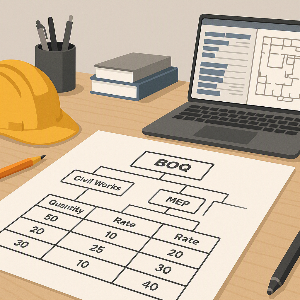 A detailed illustration of a BOQ hierarchy on a contractor's desk, showing sections like Civil Works, MEP, and Finishing...