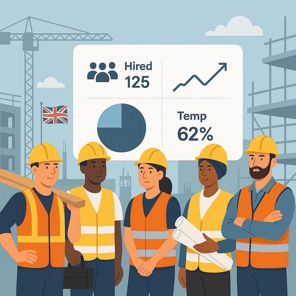 A professional illustration showing a diverse group of temporary workers on a construction site in the UK, with a digita...