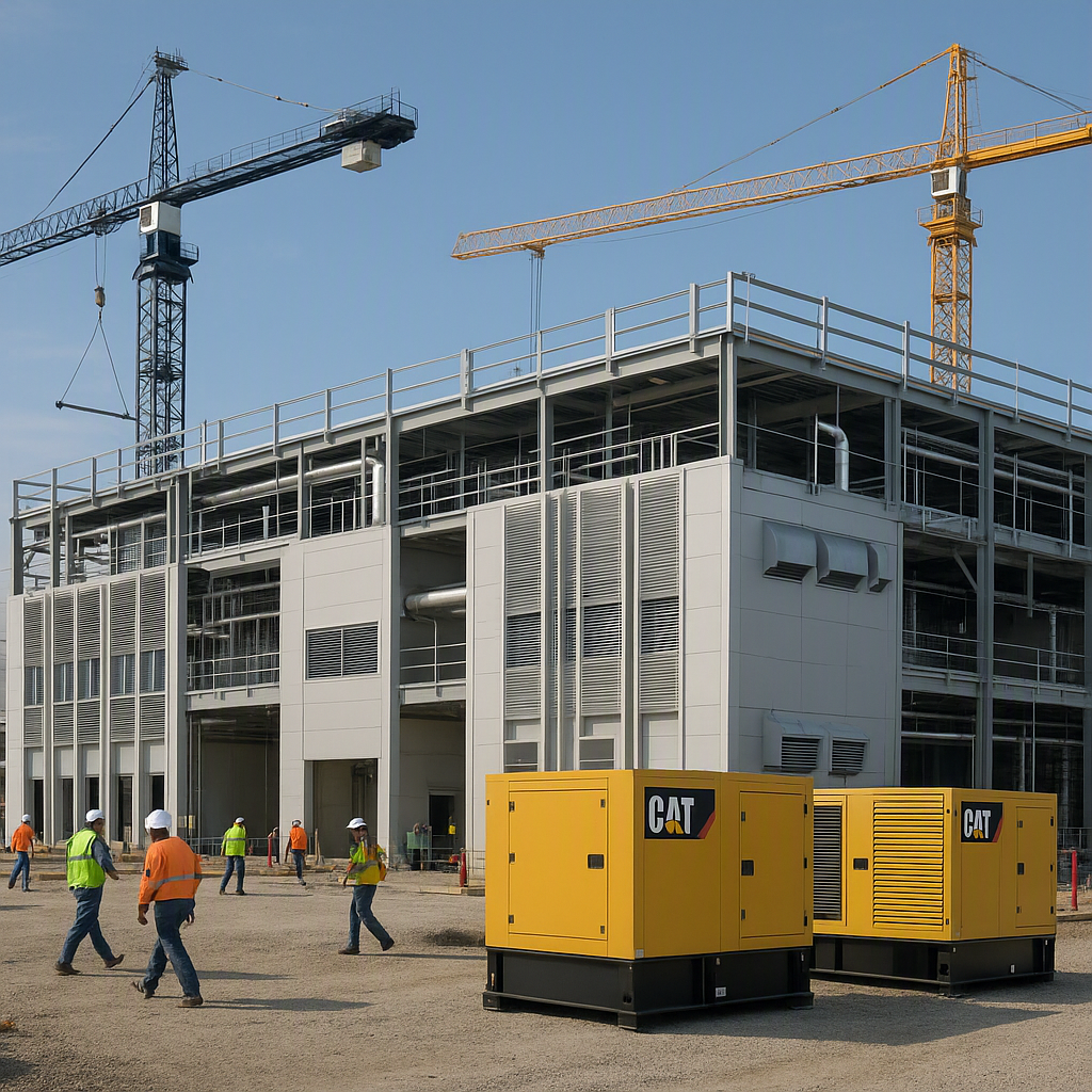 A high-tech data center under construction, with cranes and Caterpillar generators visible at the site. Daylight with wo...